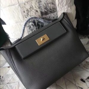 Grey Leather Bag Gold Metal Buckle
